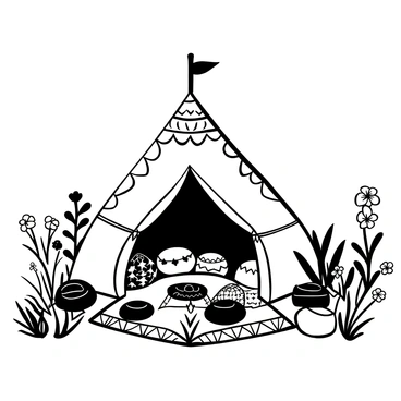 A large, bohemian-style tent set in a lush green meadow. The tent is adorned with intricate patterns and is partially open, revealing vibrant, colorful rugs spread out on the ground within. Numerous decorative pillows of varying shapes and sizes are scattered around the rugs, inviting relaxation. Wildflowers in various stages of bloom surround the tent, and a gentle breeze rustles the fabric, creating a sense of movement in the scene.