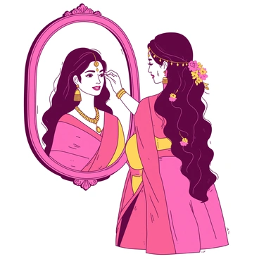 A modern Indian bride is standing in front of a large, ornate mirror, elegantly draped in a vibrant lehenga. She is adorned with intricate traditional gold jewelry, including a heavy necklace, earrings, and a maang tikka on her forehead. Her long hair is styled in soft waves, cascading down her back, interwoven with fresh flowers. The bride is applying bindi on her forehead with a focused expression, and the mirror reflects her radiant smile. The room is softly lit, enhancing the exquisite details of her attire and jewelry.