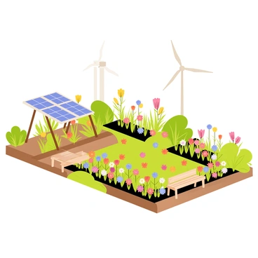 A community garden filled with various flowering plants in vibrant colors. In the center of the garden, there are neatly arranged rows of vegetables alongside colorful flowerbeds. Solar panels are mounted on a wooden structure, reflecting sunlight and generating energy. Nearby, two wind turbines are gracefully turning in the breeze, their blades rotating smoothly. Garden benches made of natural wood are placed throughout the area, inviting community members to relax and enjoy the scenery.