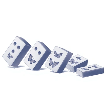 A row of dominoes stands upright on a flat surface. Each domino features a unique butterfly design intricately painted on its front face, showcasing various shapes and patterns. The first domino in the row is tipping over, initiating a chain reaction. As each domino falls, it creates a cascading effect, with the adjacent dominoes tilting and beginning to topple in succession. The background is simple and unobtrusive to keep the focus on the falling dominoes.