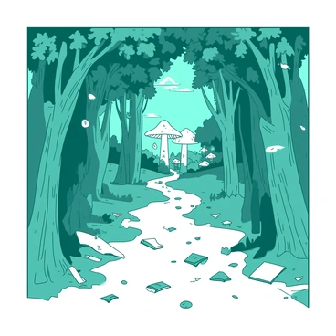 A teal path is lined with tall trees, each adorned with book pages as leaves fluttering gently in the breeze. The trees have thick, textured trunks and their branches spread wide, creating a canopy overhead. The ground is covered with fallen pages, creating a soft, white carpet beneath the trees. In the distance, the path leads into a vibrant story world filled with whimsical elements like oversized mushrooms and floating lanterns. The colors of the scene blend harmoniously, inviting exploration into the enchanting world ahead.