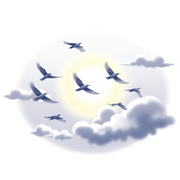 A large flock of birds in formation flying across the sky. The birds are silhouetted against the background, where the sun is setting, creating a dramatic scene. The sky is filled with various cloud formations that add depth to the image. The sun is positioned low on the horizon, casting elongated shadows from the birds onto the clouds below.