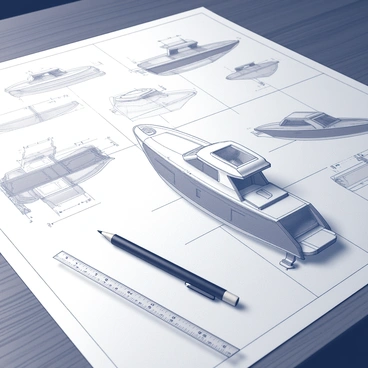 Blueprints spread out on a wooden table. The blueprints showcase intricate illustrations of a yacht's design, including multiple view angles such as the top view, side view, and front view. Detailed annotations indicate measurements, materials, and specifications. The table has a polished surface, reflecting the lines of the blueprints. A ruler and a mechanical pencil are placed nearby, indicating ongoing work.