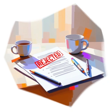 A wooden desk with a smooth surface features a document lying flat on it. The paper is white with neatly typed text. Prominently stamped in bold red ink across the center of the document is a large "REJECTED" stamp. The desk is partially cluttered, with a few pens and a coffee mug nearby, adding context to the scene. Soft natural light filters in from a nearby window, creating gentle shadows on the surface of the desk.