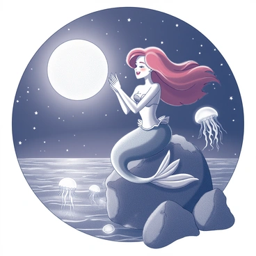A mermaid with flowing red hair is singing while perched on a rock by the ocean. The night sky is filled with stars, casting a soft light on the scene. Below her, several jellyfish are swimming gracefully in the water, their bodies glowing softly. The ocean waves gently lap against the rock, adding to the serene atmosphere of the moonlit night. The mermaid's expression is one of joy and wonder as she sings to the tranquil sea.