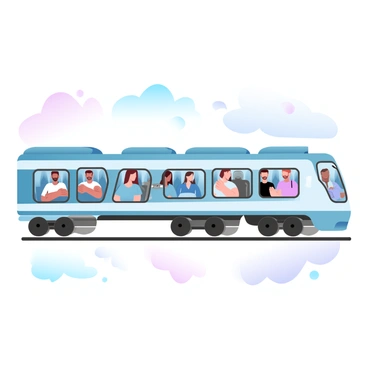 A train is illustrated with multiple cars, each featuring a distinct fraction of passengers. The first car shows one-half of the seats occupied by passengers sitting comfortably. The second car has one-third of the seats filled with a diverse group of individuals. In the third car, one-fourth of the seats have passengers, showcasing a mix of ages and attire. Each car is labeled with its respective fraction, visually demonstrating the concept of fractions through the differing occupancy levels. The train is set against a subtly colored background that complements the scene.