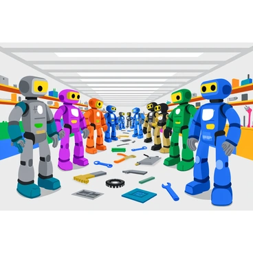 A spacious garage filled with numerous robots in various stages of assembly. Some robots stand upright with exposed circuits, while others are partially disassembled, displaying intricate mechanical components. The floor is scattered with electronic parts, such as wires, gears, and circuit boards. Shelves along the walls are lined with tools, including wrenches, screwdrivers, and pliers. Bright overhead lights illuminate the scene, casting reflections on the metallic surfaces of the robots.