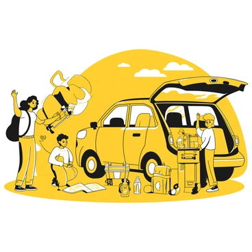 A family of four is in the process of packing their car for a long road trip. The father is lifting a large yellow suitcase and placing it in the trunk. The mother is arranging a set of safety gear including a bright yellow first aid kit and a yellow emergency roadside kit. Two children are holding a yellow backpack filled with snacks and games, ready to place it on the back seat. The car is a spacious model, open wide with several items visible around it, including a map and water bottles. The scene is filled with a sense of planning and preparation for an adventure.
