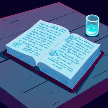 An ancient alchemy book with a worn, leather-bound cover is open on a weathered wooden table. The pages are filled with intricate, cryptic notes written in an ornate script, alongside detailed illustrations of mystical symbols and potions. Dim lighting casts soft shadows on the surface, highlighting the textures of the paper and the grain of the wood. A faint glow emanates from a nearby glass vial containing a luminescent liquid, adding an air of mystery to the scene.
