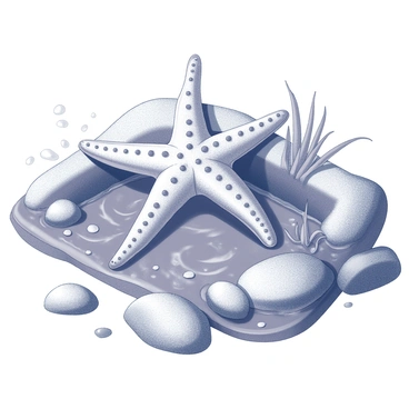 A starfish resting on the edge of a rock pool. The starfish has distinct texture and shape, with its arms spread wide as it clings to the rocky surface. The rock pool is filled with small marine plants and pebbles scattered around. Nearby, waves are gently splashing against the rocks, creating small ripples in the water. The scene captures the serene interaction between the starfish and its coastal environment.
