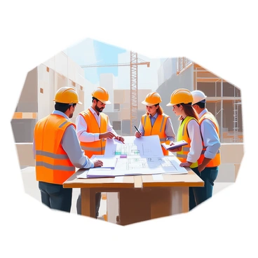 A group of stakeholders gathered at a construction site, reviewing a large blueprint spread out on a wooden table. The stakeholders include three men and two women, all wearing bright yellow hard hats and high-visibility safety vests. One man, with short black hair, is pointing at a section of the blueprint, while a woman with red hair is taking notes on a notepad. Another man is leaning in closer to examine the details, and the last woman stands with her arms crossed, observing the discussion. The background features construction equipment, scaffolding, and unfinished structures, indicating an active construction site.