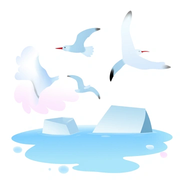 A flock of Arctic terns is soaring gracefully above crystal-clear Arctic seas. Below them, large icebergs are floating, their surfaces reflecting soft pastel colors. The terns are depicted in mid-flight, their wings extended wide as they glide over the shimmering waters. The scene captures the tranquil beauty of the Arctic environment, with gentle waves lapping against the ice formations. The skies are painted with a gradient of soft colors, enhancing the serene atmosphere of the landscape.
