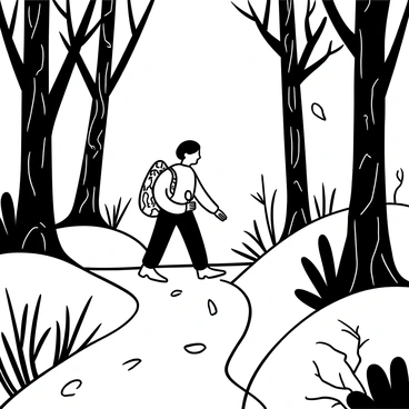 A person walking along a winding forest trail, surrounded by tall trees with intricate bark patterns. The ground is covered with fallen leaves and twigs, creating a textured path. There is a baluchon slung over their shoulder, appearing bulky and wrapped in a patterned fabric. The soft light of dawn filters through the branches, creating delicate shadows on the trail. A few birds can be seen perched on the branches, and a mist hangs low among the underbrush, enhancing the early morning atmosphere.