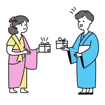 A man dressed in a traditional Japanese kimono, holding a beautifully wrapped gift with ornate patterns. He is facing a woman wearing a colorful Indian sari, who is offering a small, intricately designed box. The setting is a simple, clean background, emphasizing the two individuals and their gifts. The expressions of both individuals show appreciation and joy, highlighting the moment of cultural exchange.