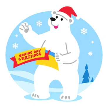 A polar bear with fluffy white fur is wearing a bright red Santa hat. The bear stands on its hind legs, waving its paw cheerfully. In its other paw, it holds a colorful banner that reads "Boxing Day Greetings" in bold, festive letters. The background features a snowy landscape with snowflakes gently falling around the bear, creating a joyful winter atmosphere.