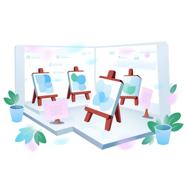 An exhibit space is filled with various illustrations created using eco-friendly materials. Each piece is displayed on wooden easels made from reclaimed wood. The artwork features a range of vibrant colors made from natural dyes. Small signs near each illustration describe the sustainable materials used, including recycled paper and plant-based inks. Potted plants are scattered throughout the space, enhancing the natural theme. Ambient lighting highlights the details of each artwork, creating a welcoming atmosphere.