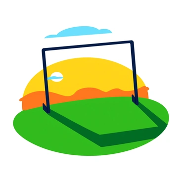 A dark silhouette of a soccer goal post casts a long shadow over a grassy field. The sun is low on the horizon, illuminating the scene with warm orange and yellow hues. The field is dotted with patches of vibrant green grass, and the sky transitions to a deeper blue as the sun sets. The goal post stands tall, its edges defined against the colorful sky, creating a striking contrast with the field below.