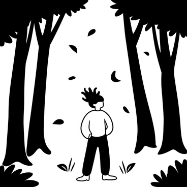 A person with wild, untamed hair stands among tall trees in a dense forest. The wind causes leaves to swirl around them, creating a dynamic atmosphere. The person's clothing appears to ripple in the breeze, accentuating the movement. Sunlight filters through the branches, casting intricate shadows on the ground.