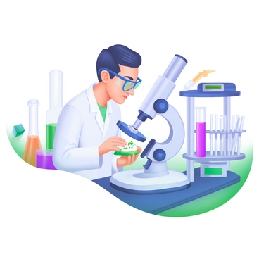 A modern pastel illustration of a researcher closely examining a sample under a microscope. The researcher is wearing a white lab coat and safety glasses, focusing intently on the slide. In the background, there are various pieces of lab equipment, including beakers filled with colorful liquids, an electronic balance, and a test tube rack holding several test tubes. Bright lighting illuminates the scene, enhancing the clarity of the details on the microscope and the surrounding lab equipment.