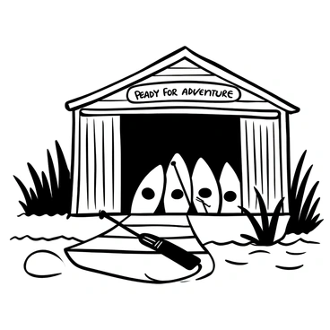 A rustic boathouse with a weathered wooden exterior stands by the riverbank. Canoes are lined up inside, arranged neatly, with paddles resting beside them. The structure has a sloped roof and large wooden doors that are partially open. Tall grass and reeds grow along the river's edge, and the water reflects the shape of the boathouse. A small wooden dock extends into the river, with a few additional paddles leaning against the side. "Ready for adventure" is displayed prominently above the entrance.