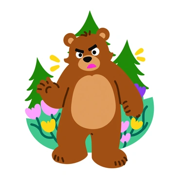 A cartoon bear with a furry brown coat and an angry expression is standing on two legs. Its eyes are narrowed, and its mouth is slightly open in a snarl. The bear is shaking its paw in a threatening manner, with its claws visible. The background is a simple, vibrant forest scene with green trees and colorful flowers, adding to the lively atmosphere. The bear's ears are perked up, emphasizing its agitation.