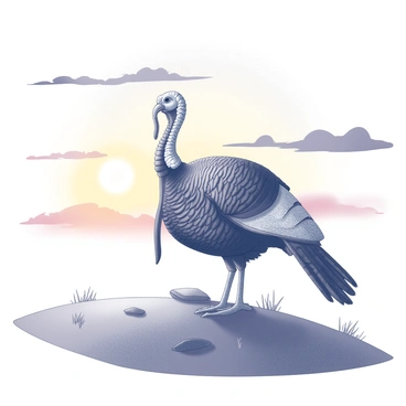 A wild turkey standing majestically on a hilltop. Its feathers display intricate patterns, showcasing a variety of textures. The turkey is facing towards the viewer, with its head held high, and its unique wattle visible. The hilltop features a gentle slope, with sparse grass and a few scattered rocks. The background displays a vibrant sunset, with an array of shapes created by the clouds as they stretch across the sky. The sun is just above the horizon, illuminating the scene.