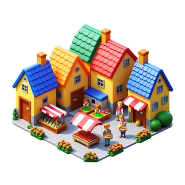 A pixel art village featuring charming, tiny houses with colorful roofs. The houses are arranged closely together, showcasing a variety of shapes and sizes. In the center, there is a bustling market square filled with small stalls displaying fresh fruits and vegetables. A few villagers can be seen interacting, carrying baskets, and chatting. The ground is paved with cobblestones, adding detail to the scene. Bright flowers are planted around the village, enhancing the lively atmosphere.