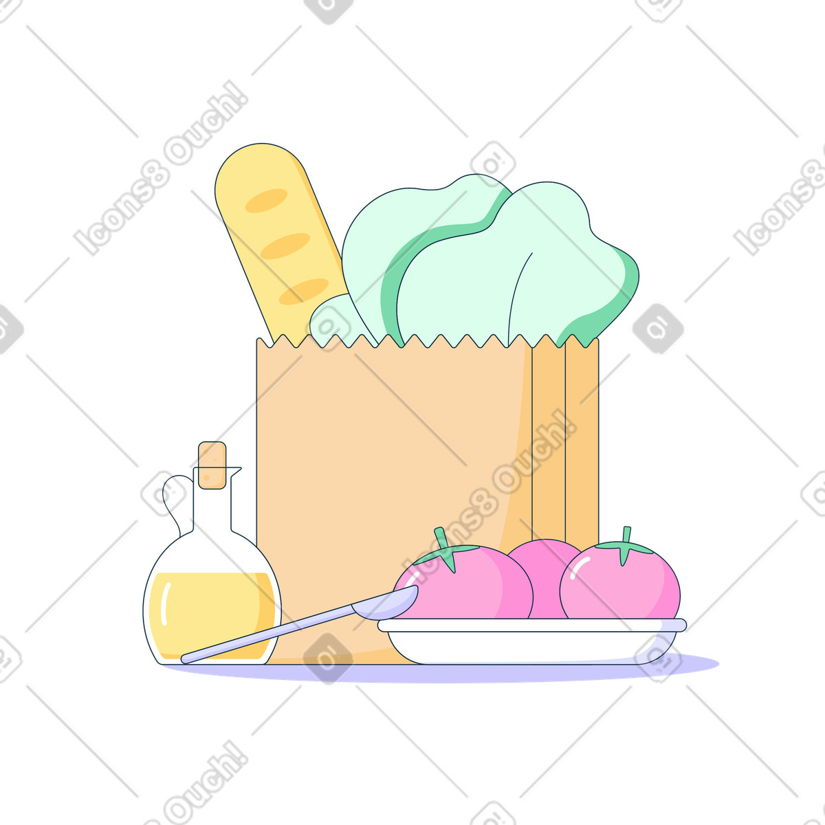 Baguette e insalata in un sacchetto di carta, pomodori su piatto olio d'oliva illustrazione stile Bubble gum scarica PNG, SVG