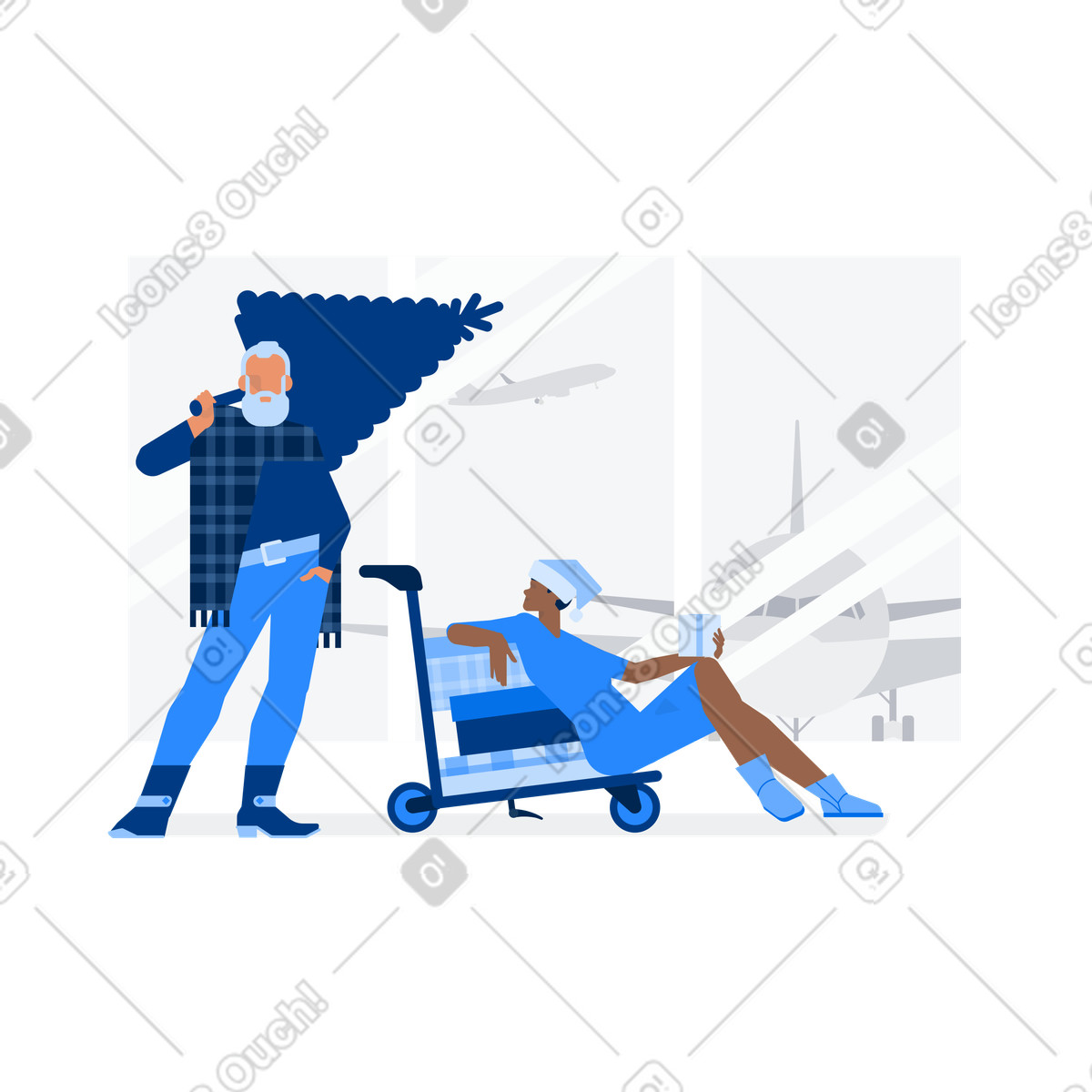 Modern Santa and his helper waiting at airport terminal, Holiday travel Christmas journey illustrazione in stile Urban scarica in PNG, SVG