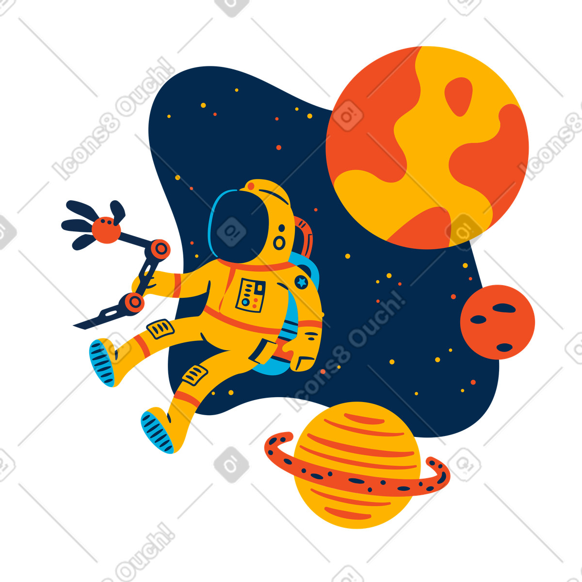 Astronaut in space suit heading for space exploration animated illustration in GIF, Lottie (JSON), AE