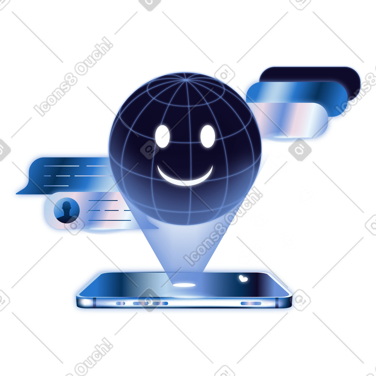 Ilustración Smartphone global chat communication with smiling world emoji hologram en estilo Dimension a descargar en PNG y SVG