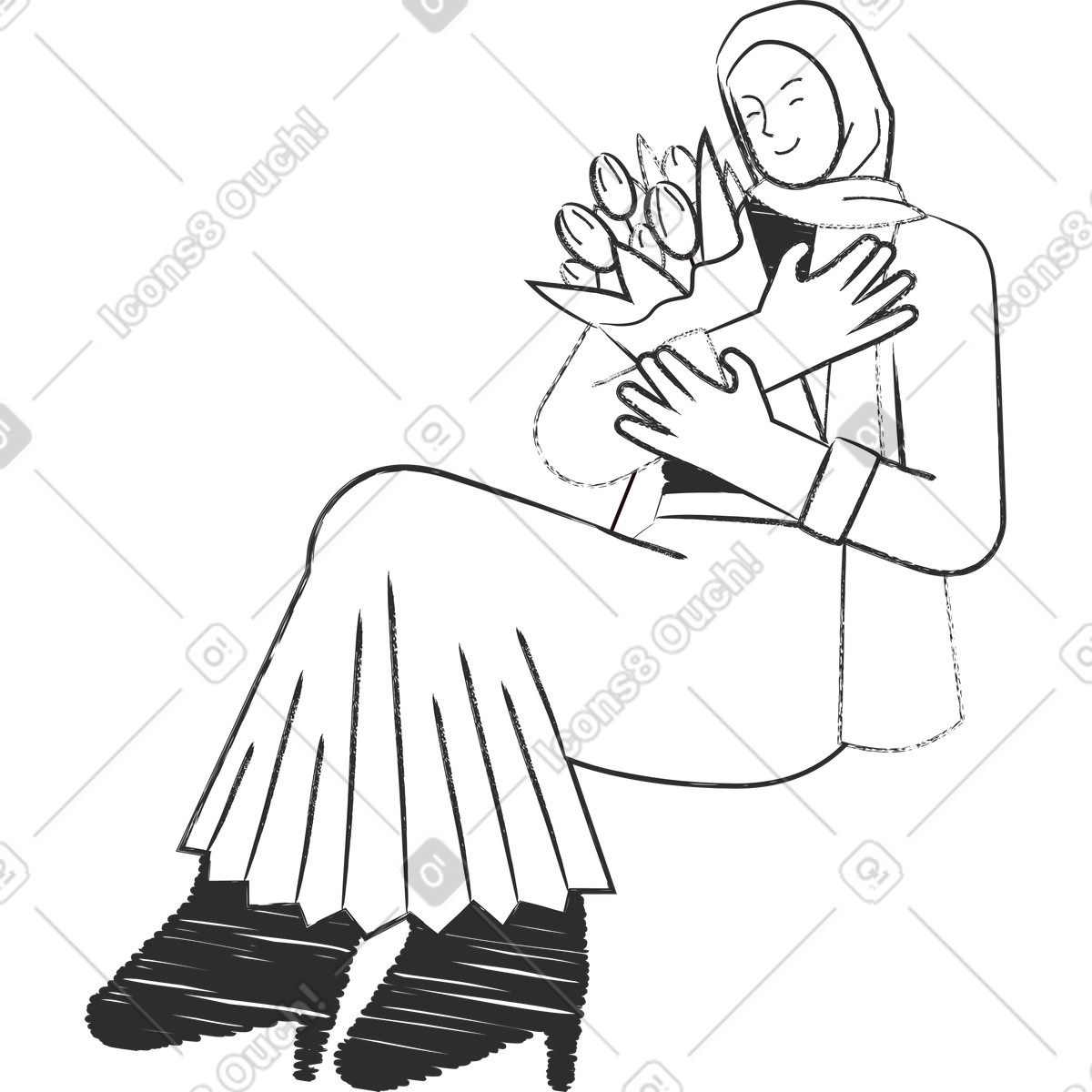 Graphite スタイルの 花束を持ったイスラム教徒の女性 のイラストをPNG、SVG形式でダウンロード