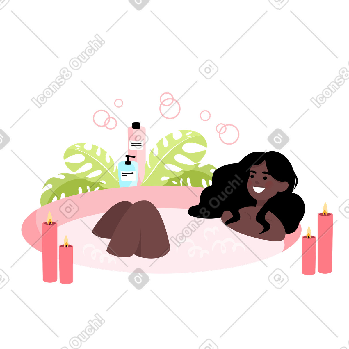 La donna si rilassa con le candele profumate in bagno illustrazione stile Lagom scarica PNG, SVG