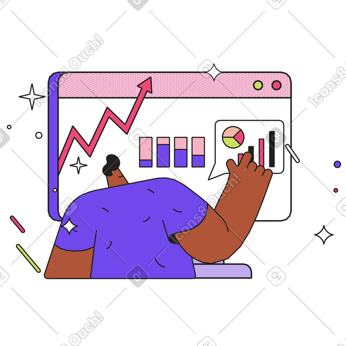 Dazzle スタイルの Analyst interacting with data dashboard, financial growth and kpi analysis のイラストをPNG、SVG形式でダウンロード