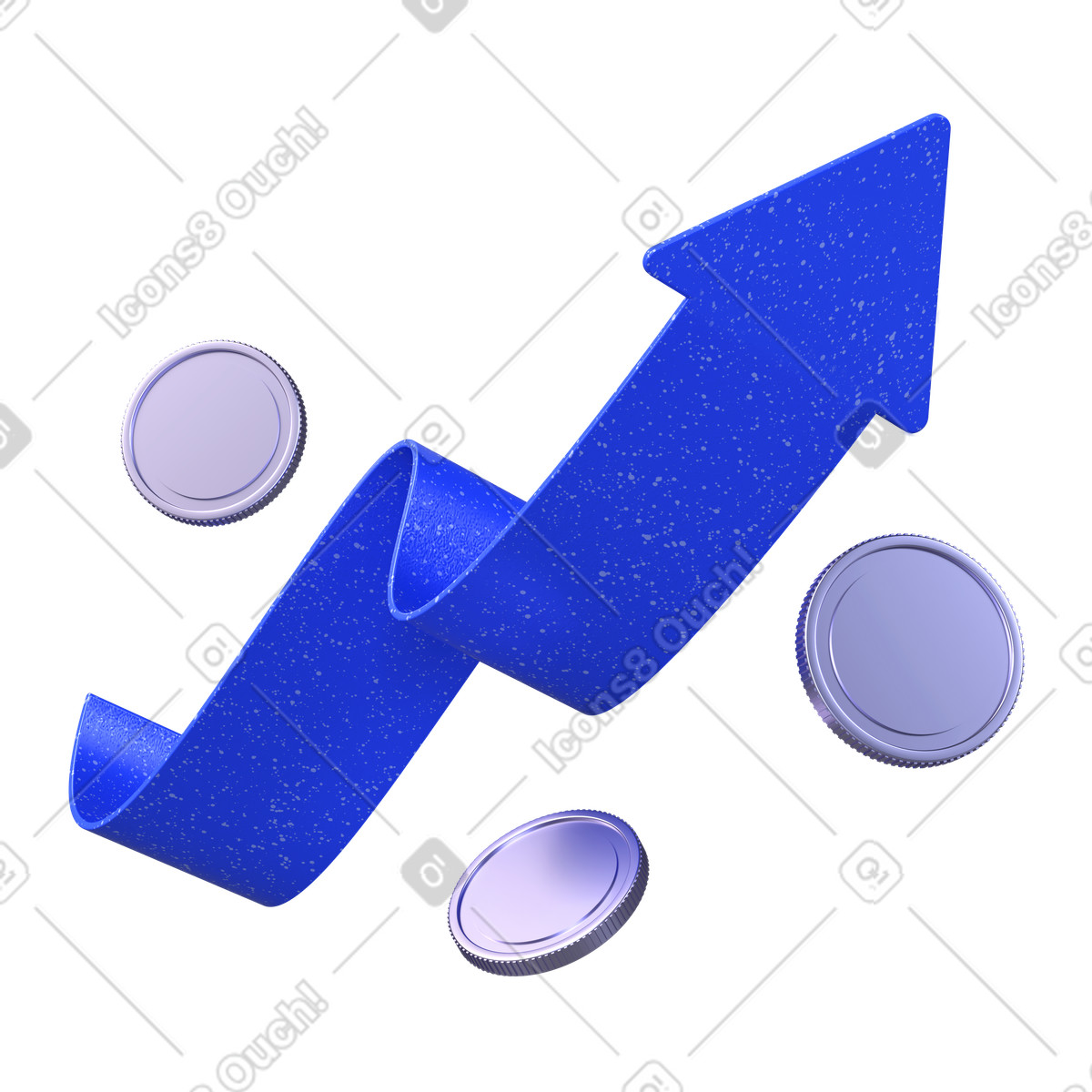 Ilustración Flecha ascendente con monedas para el crecimiento de los ingresos en estilo 3D Boost a descargar en PNG y SVG