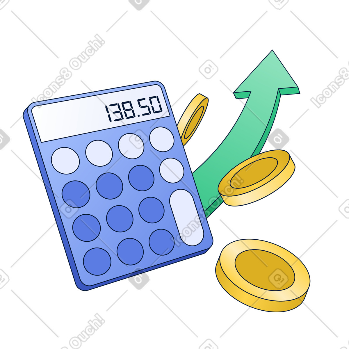 Calculator, coins, upward arrow, Business Profit Calculation and Forecasting illustration in PNG, SVG