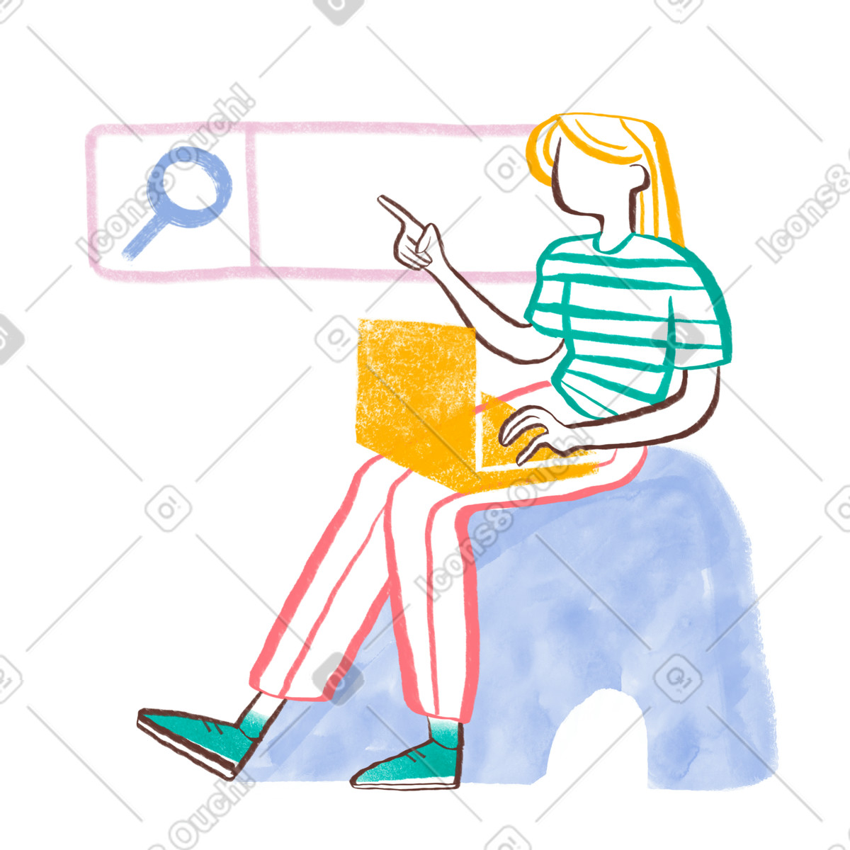 Woman with long hair searching on a laptop illustration in Company style download in PNG, SVG