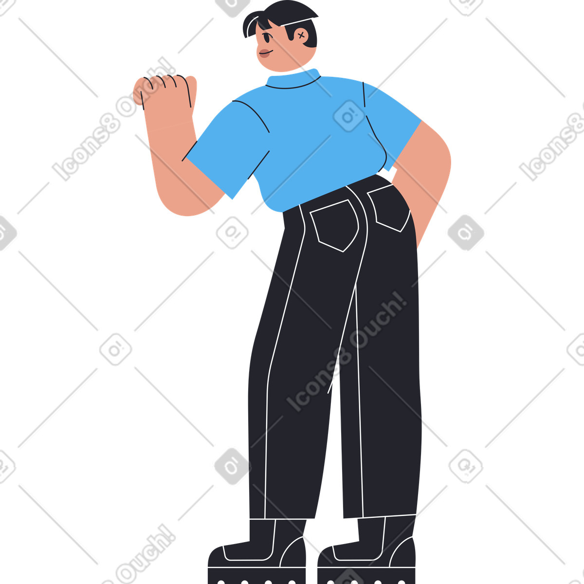Standing man in blue shirt and black trousers illustration Boba style download PNG, SVG