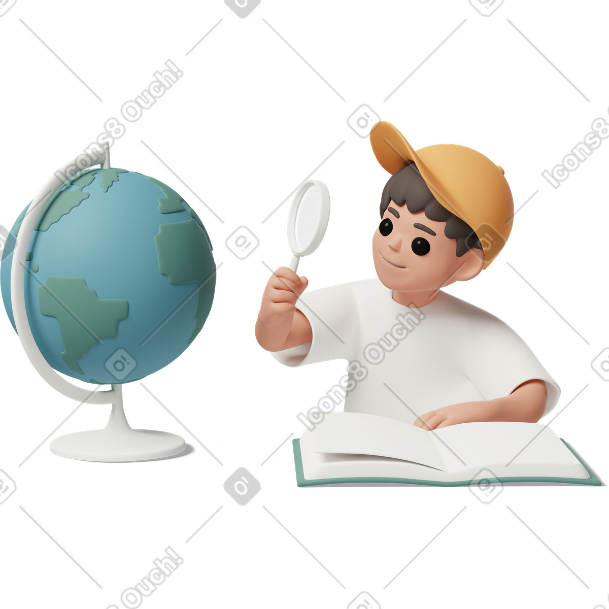 Ilustração de Boy looking at the globe through magnifying glass em no estilo 3D Casual life para baixar em PNG, SVG