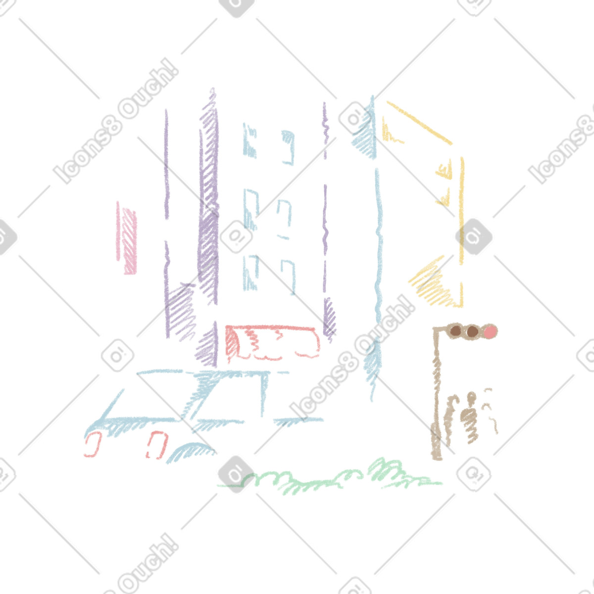 Ilustración Vista de la ciudad con taxi y semáforo. en estilo Sketchbook a descargar en PNG SVG