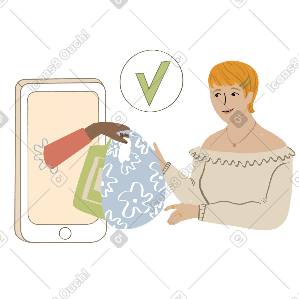 Ilustración Mujer recibiendo entrega por teléfono en estilo Lumiere a descargar en PNG y SVG