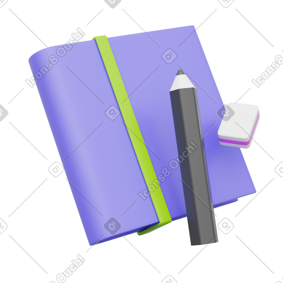 3D Playful スタイルの Back to school sketchbook with pencil and eraser のイラストをPNG、SVG形式でダウンロード