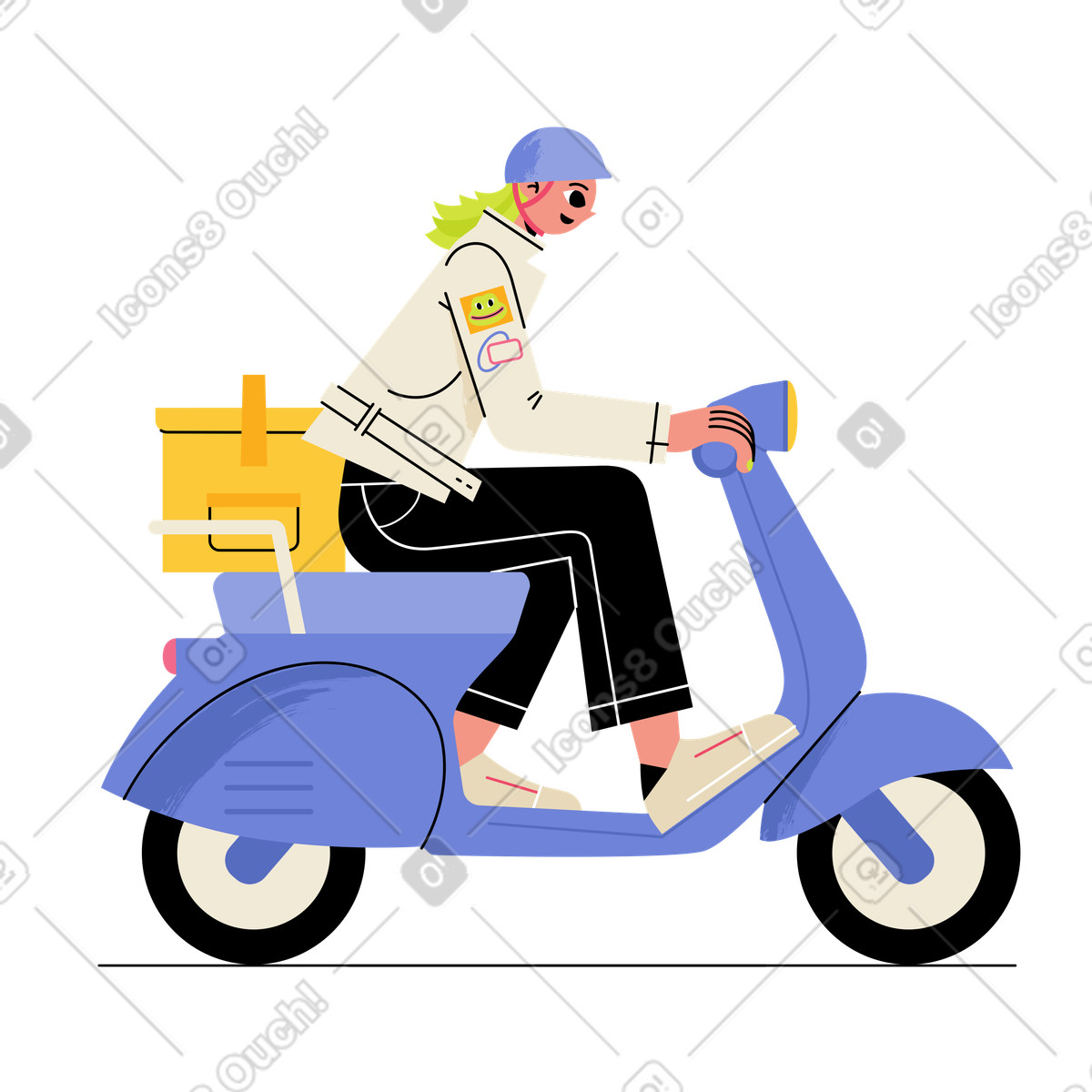 Food delivery courier riding scooter, urban express service illustrazione in stile Juicy scarica in PNG, SVG