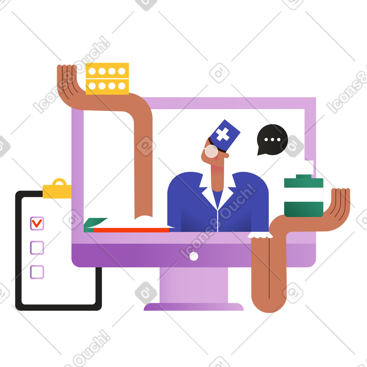 Ilustração de Doctor on desktop screen with pills and checklist, Online medical consultation em no estilo Wavy para baixar em PNG, SVG