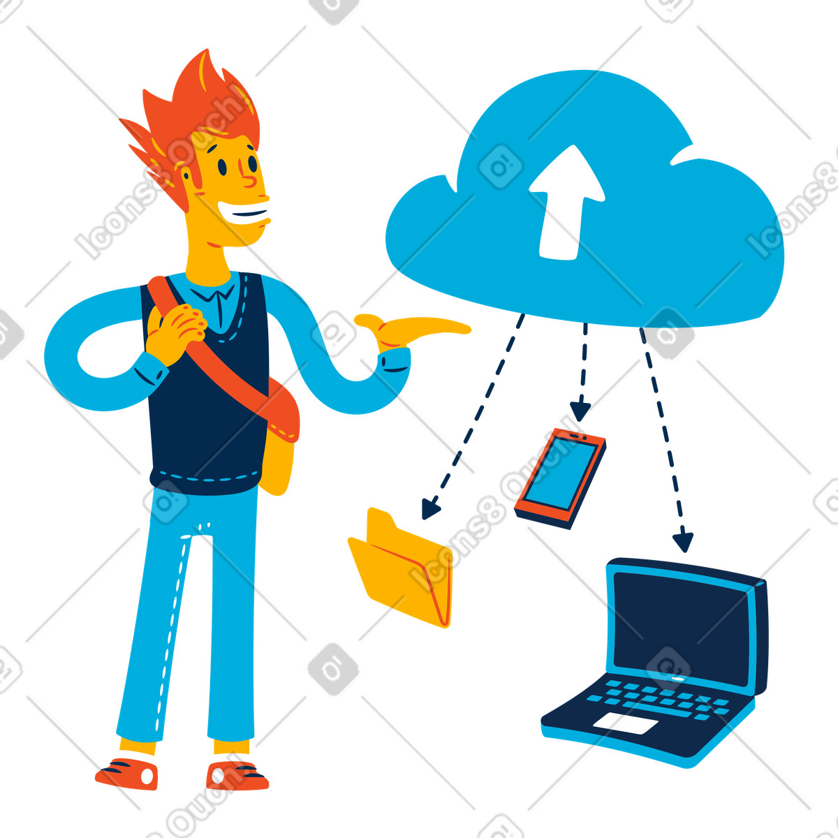Flame スタイルの デバイス上でクラウドベースのサービスを使用している男性 のイラストをPNG、SVG形式でダウンロード