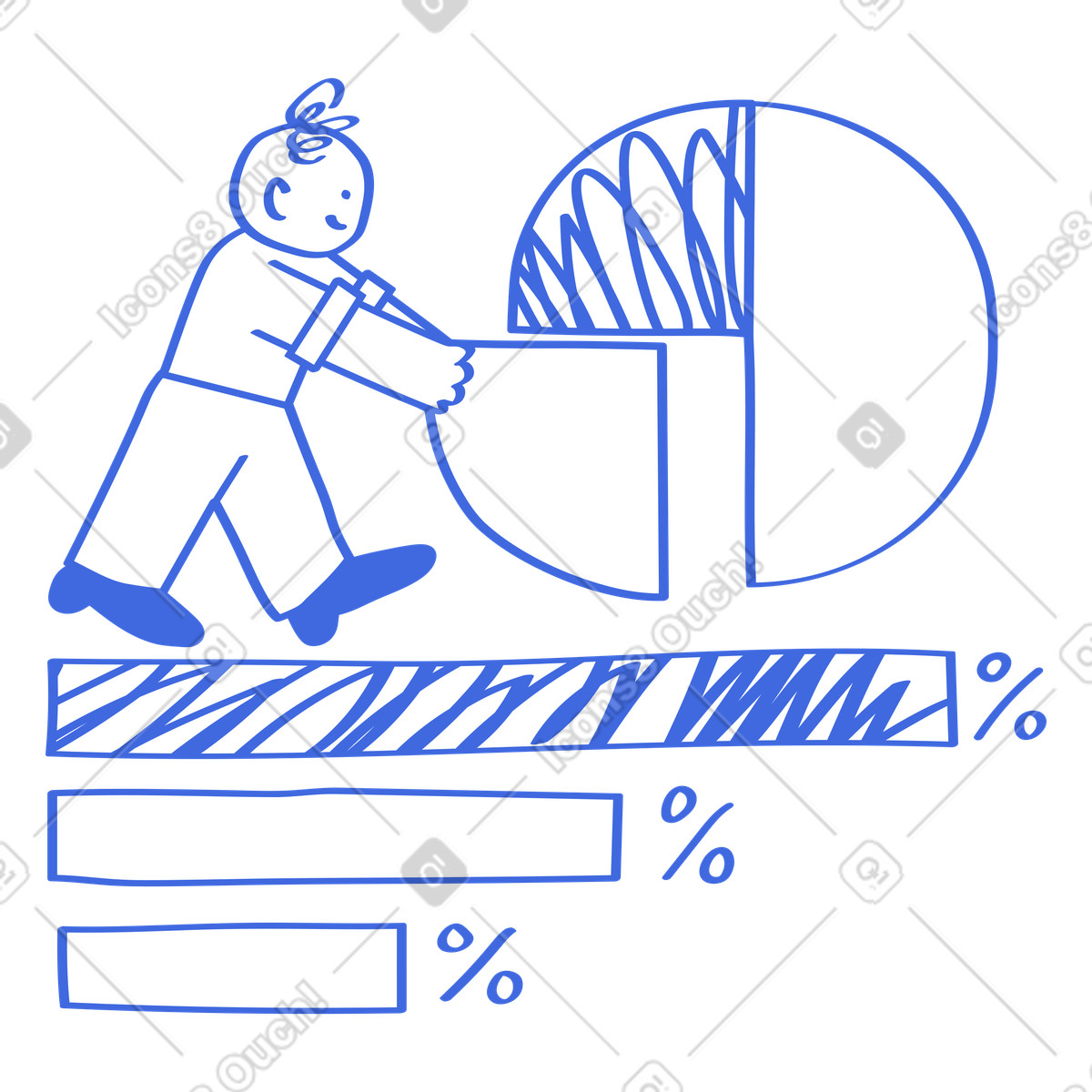 Character analyzing pie chart slice with percentage bars and symbols illustrazione in stile Ballpoint Pen scarica in PNG, SVG