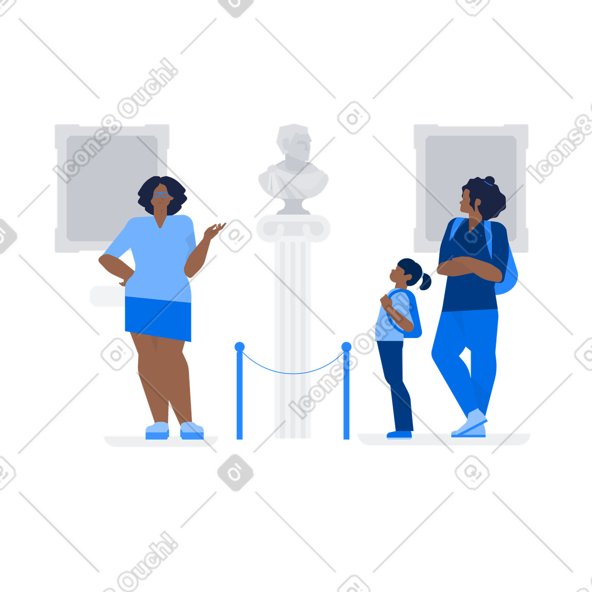 Tourists observing bust with guide, Museum visit and art education illustration in Urban style download in PNG, SVG