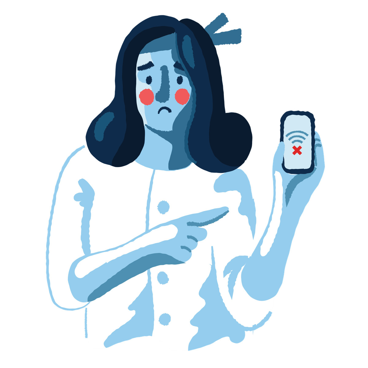 Unhappy user showing lost connection on phone, Connectivity issue or internet outage illustration in Cherry style download in PNG, SVG