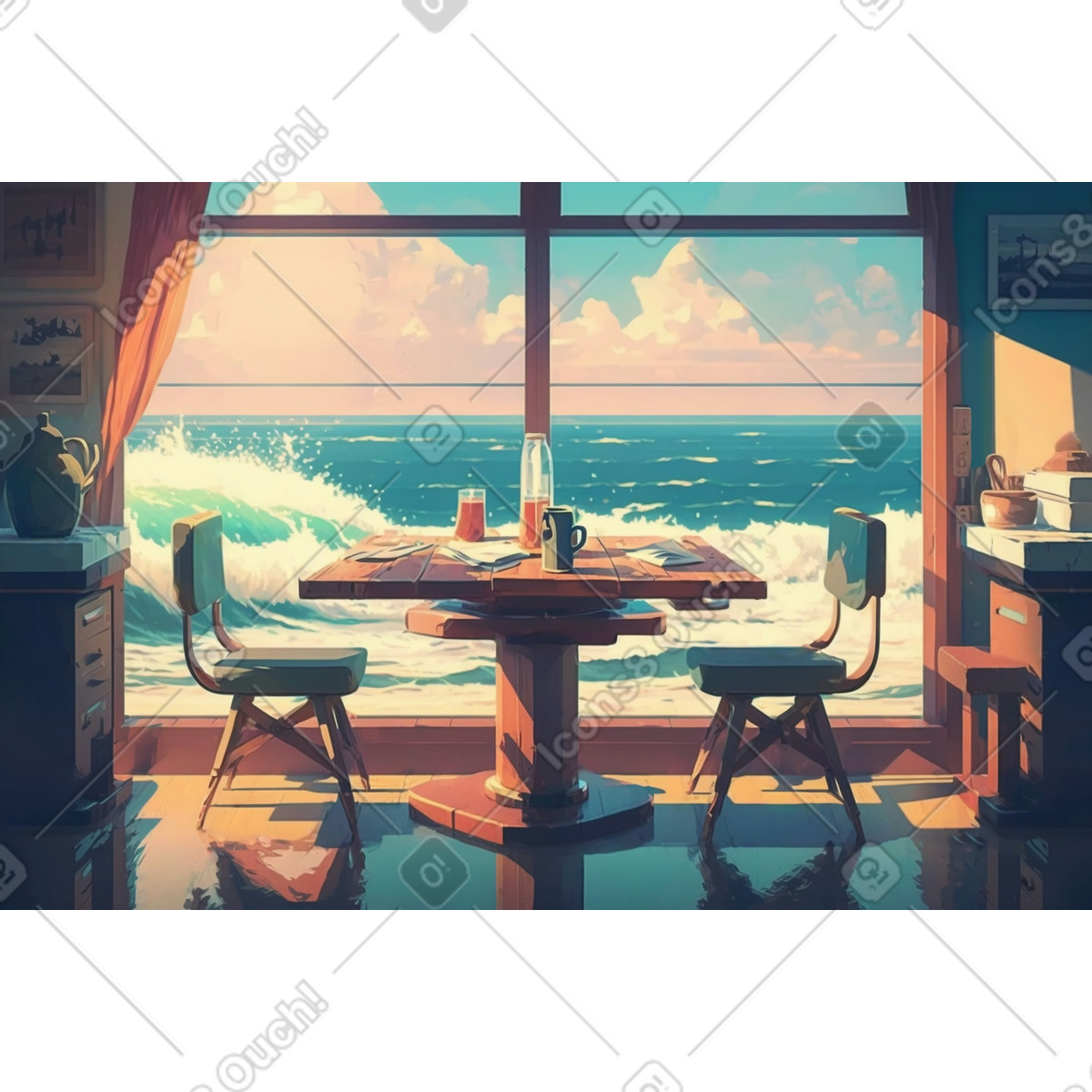 Living room with a panoramic view of the ocean background illustration in Experimental style download in PNG, SVG