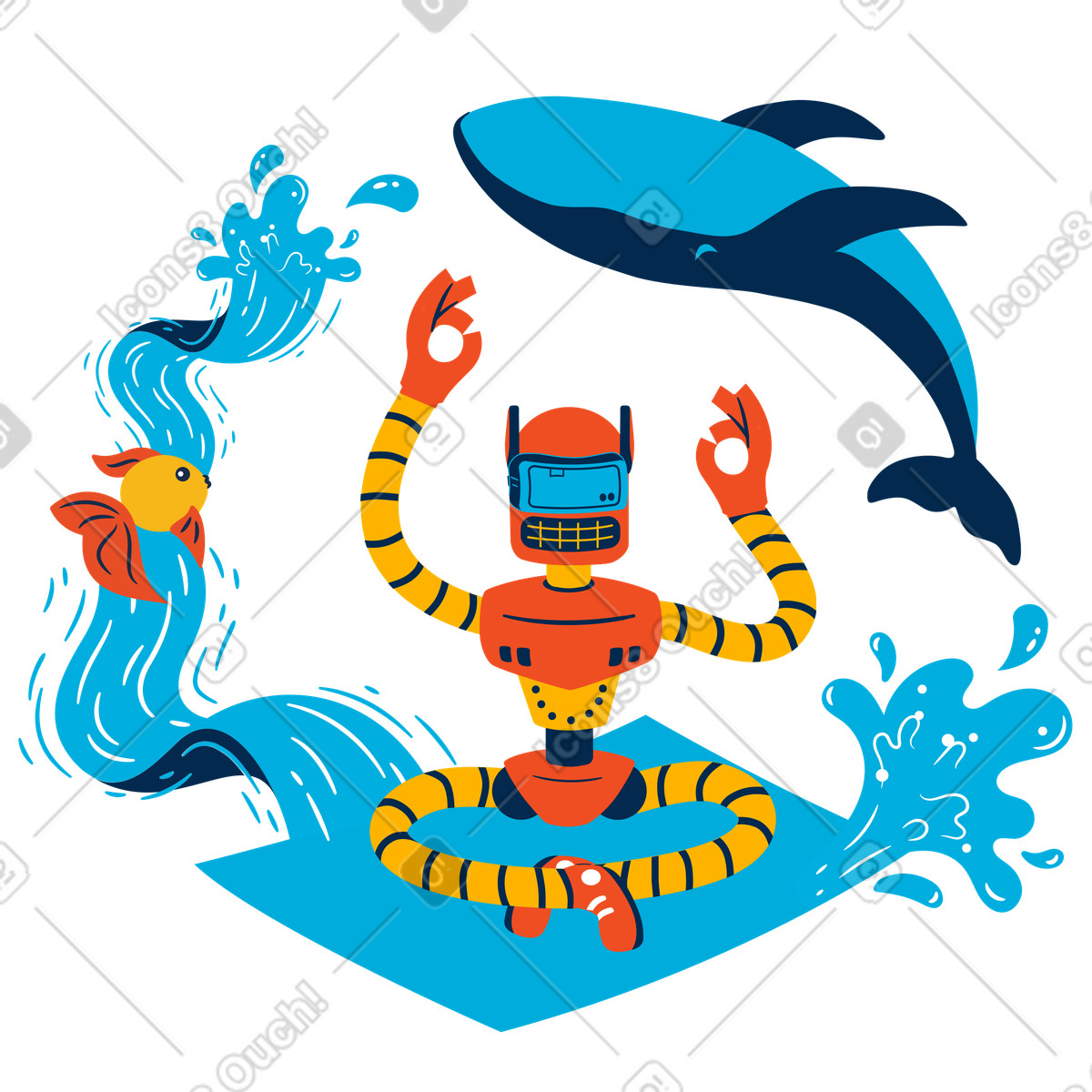 Illustration Un robot médite dans monde marin virtuel le style Flame à télécharger aux formats PNG, SVG
